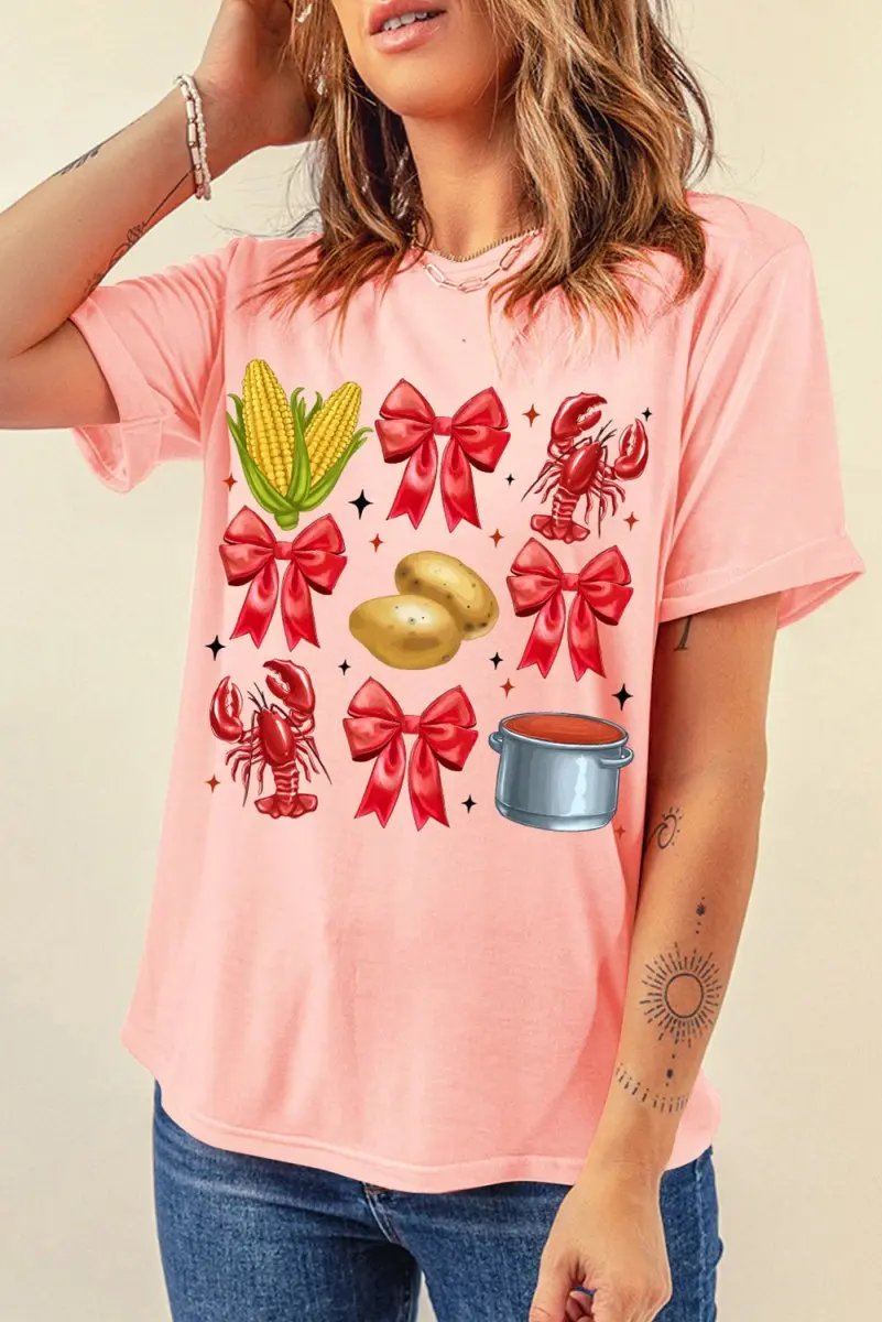 Pink Summer Food Bow Crawfish Printed T Shirt for Women - Love Salve
